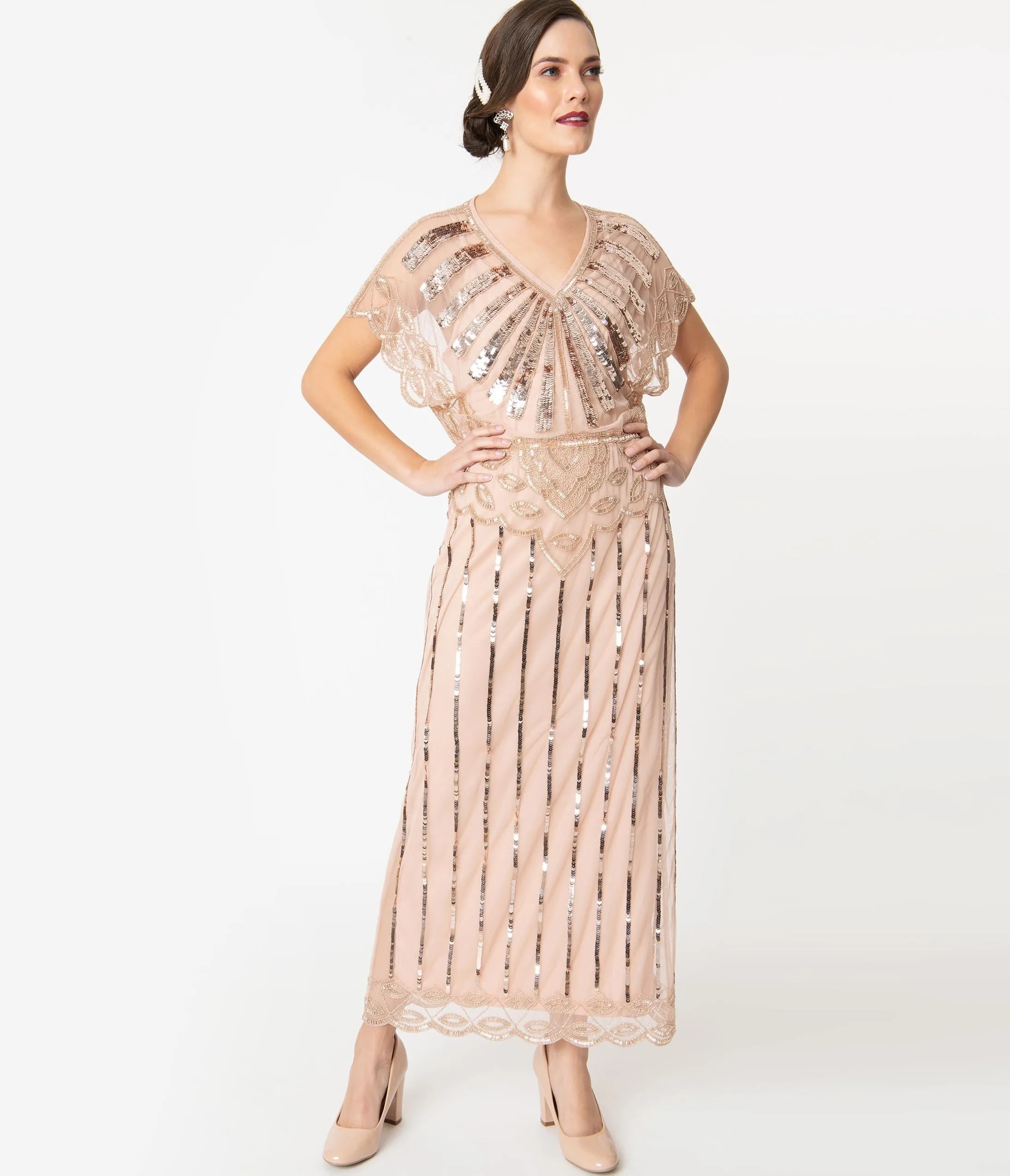 1920s Blush Pink Deco Angelina Maxi Flapper Dress