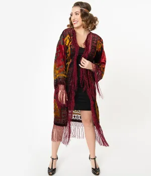 1920s Burgundy Devore Velvet Lattice Scarf Coat