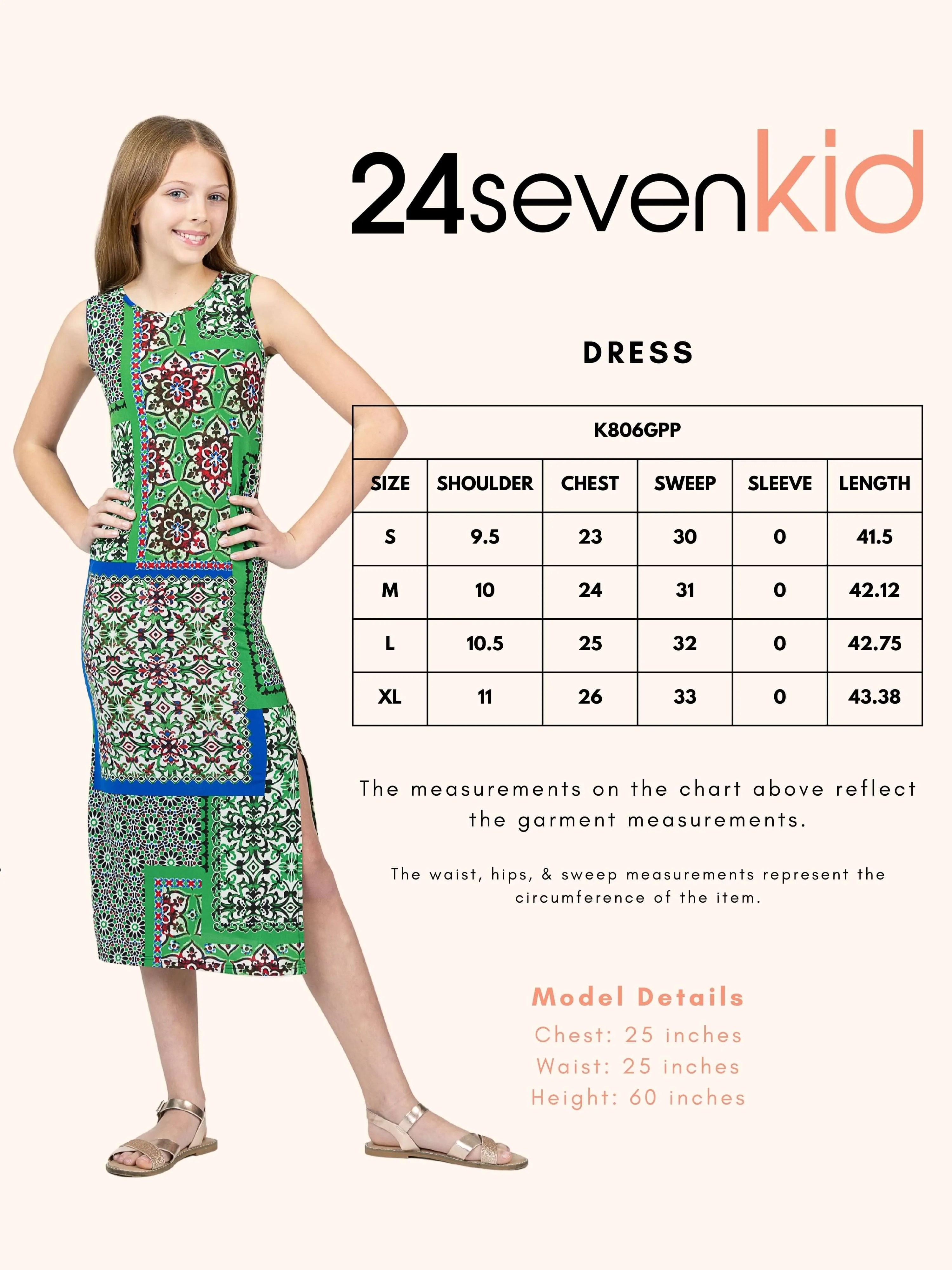 24sevenkid Girls Green Scarf Print Side Slit Maxi Dress