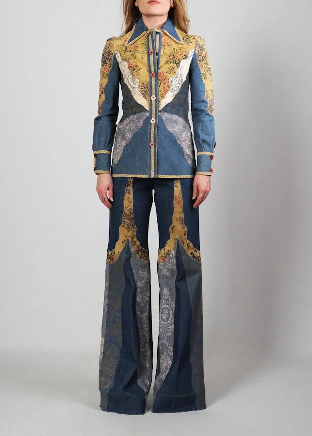 70s Patchwork Denim   Leather Bell Bottom Pantsuit