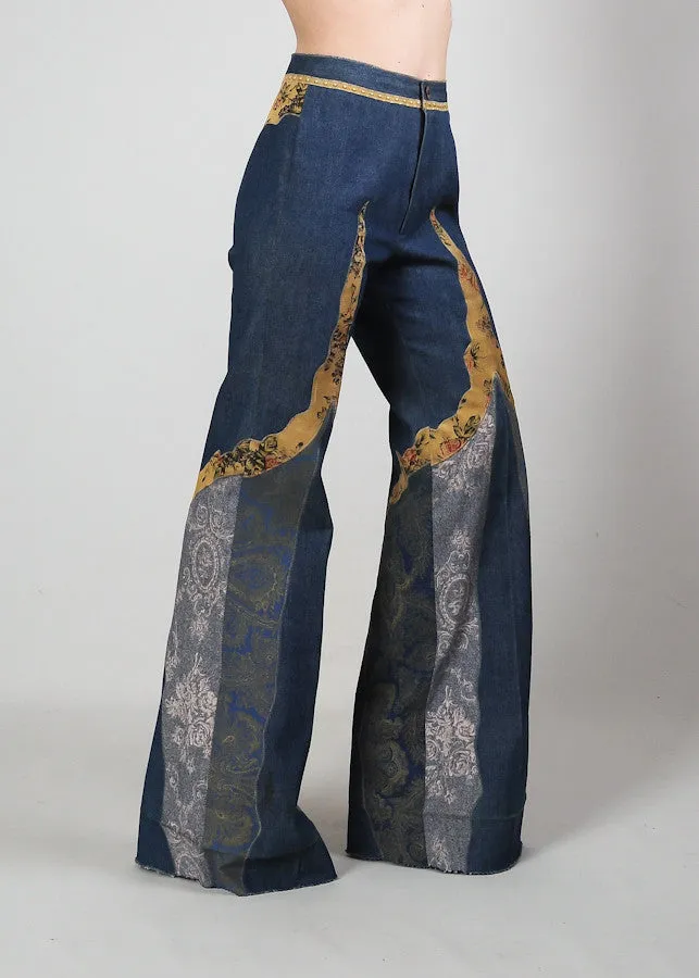 70s Patchwork Denim   Leather Bell Bottom Pantsuit