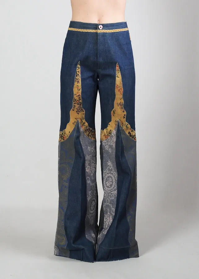 70s Patchwork Denim   Leather Bell Bottom Pantsuit