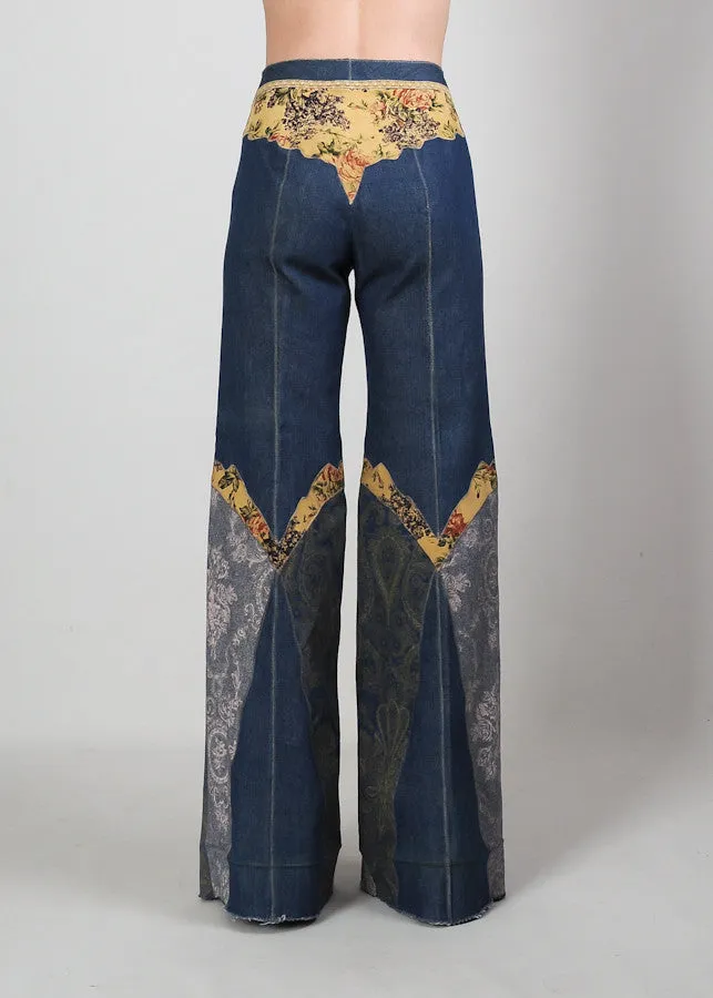 70s Patchwork Denim   Leather Bell Bottom Pantsuit