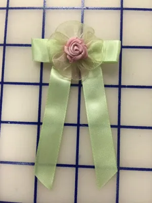 Applique - Green Satin Bow w/Pink Rosette