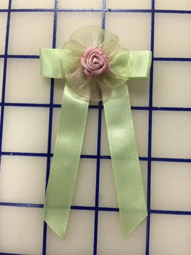 Applique - Green Satin Bow w/Pink Rosette