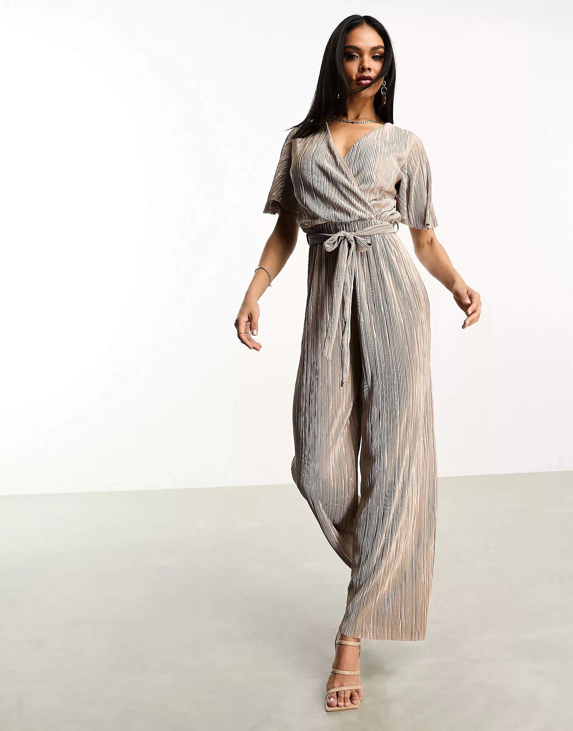 AX Paris Dark Gray Short Sleeve Pleated Wrap Jumpsuit