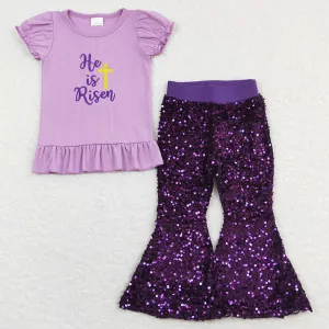 Baby Girls Clothes Easter He Is Risen Tee Shirts Purple Sequin Pants Sets