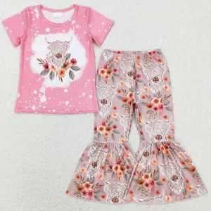 Baby Girls Clothes Western Highland Cow Shirt Flowers Bell Pants Sets GSPO1079