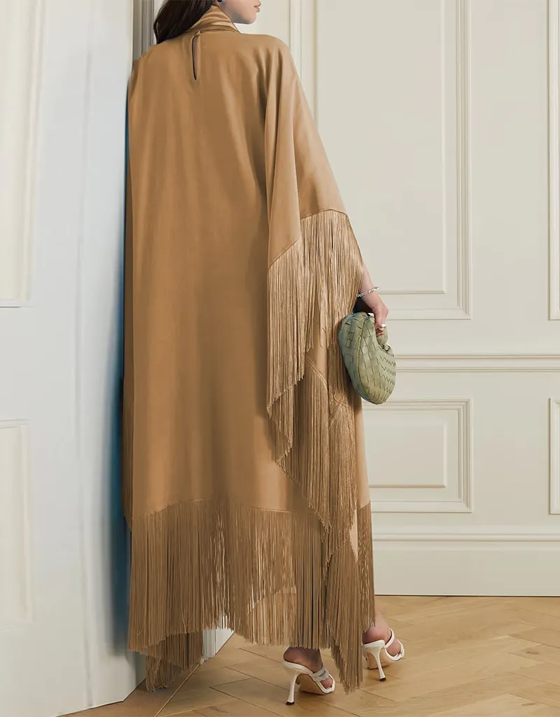 Beige High Neck Style Fringed Kaftans