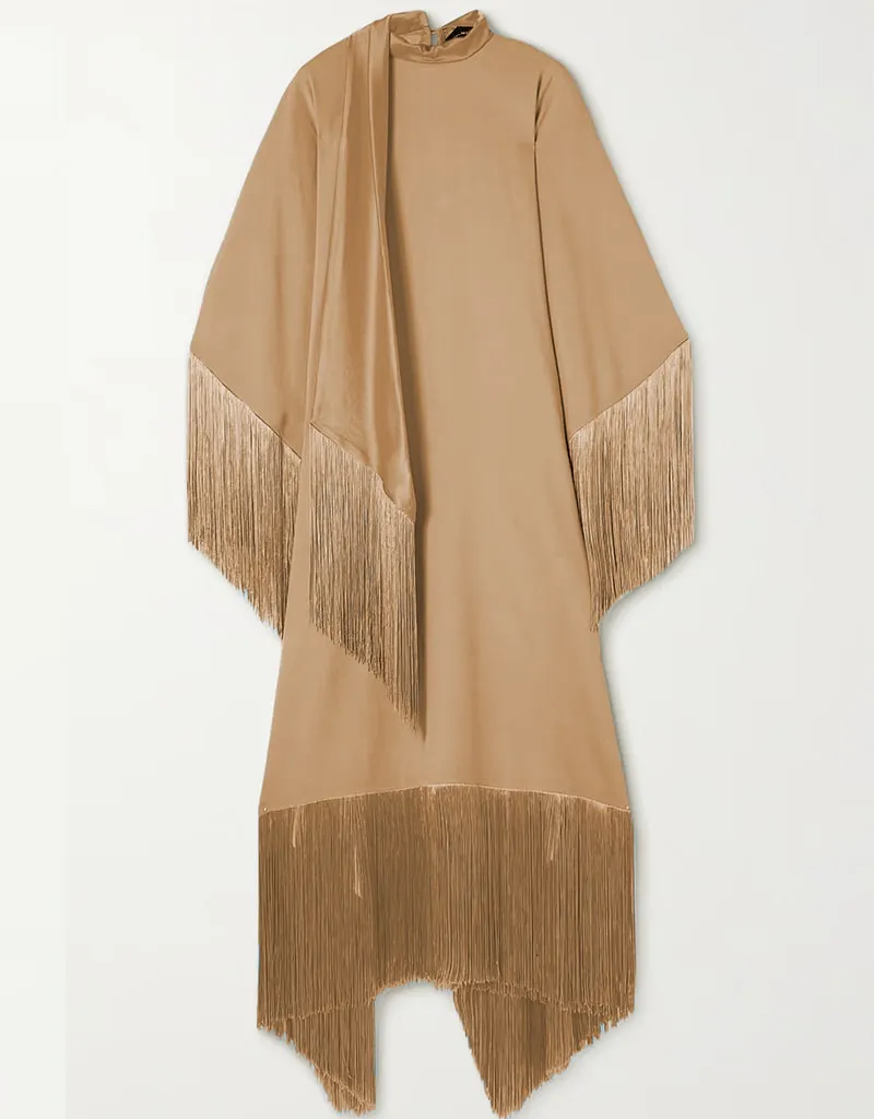 Beige High Neck Style Fringed Kaftans