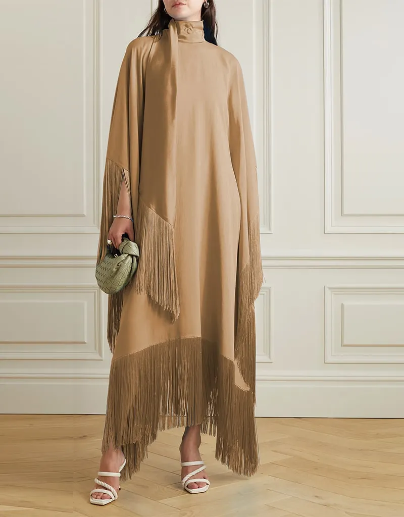 Beige High Neck Style Fringed Kaftans