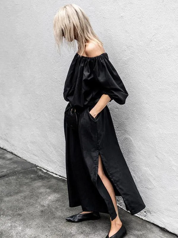 Black Off-Shoulder Loose Long Dress