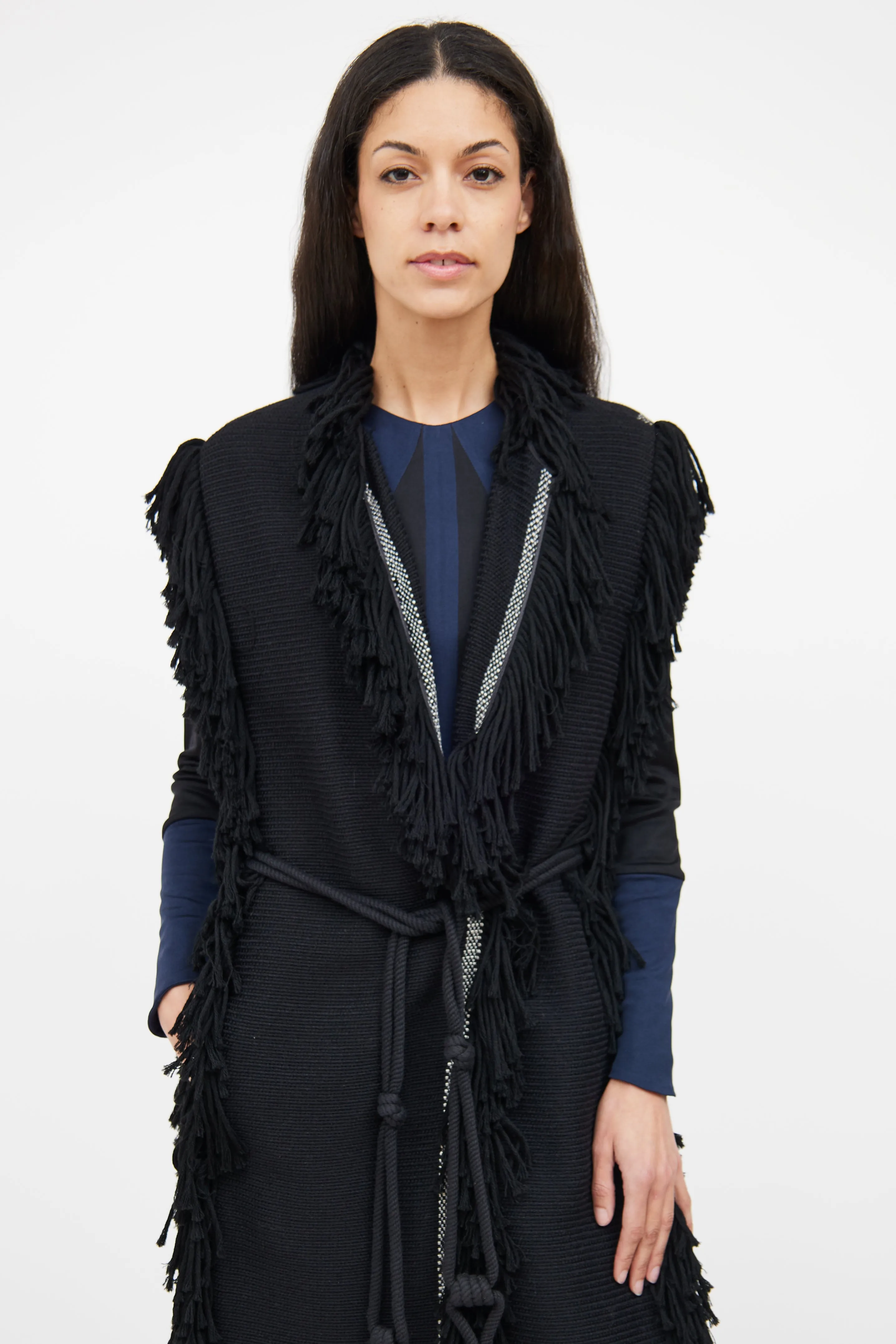 Black Wool Fringe Trim Vest