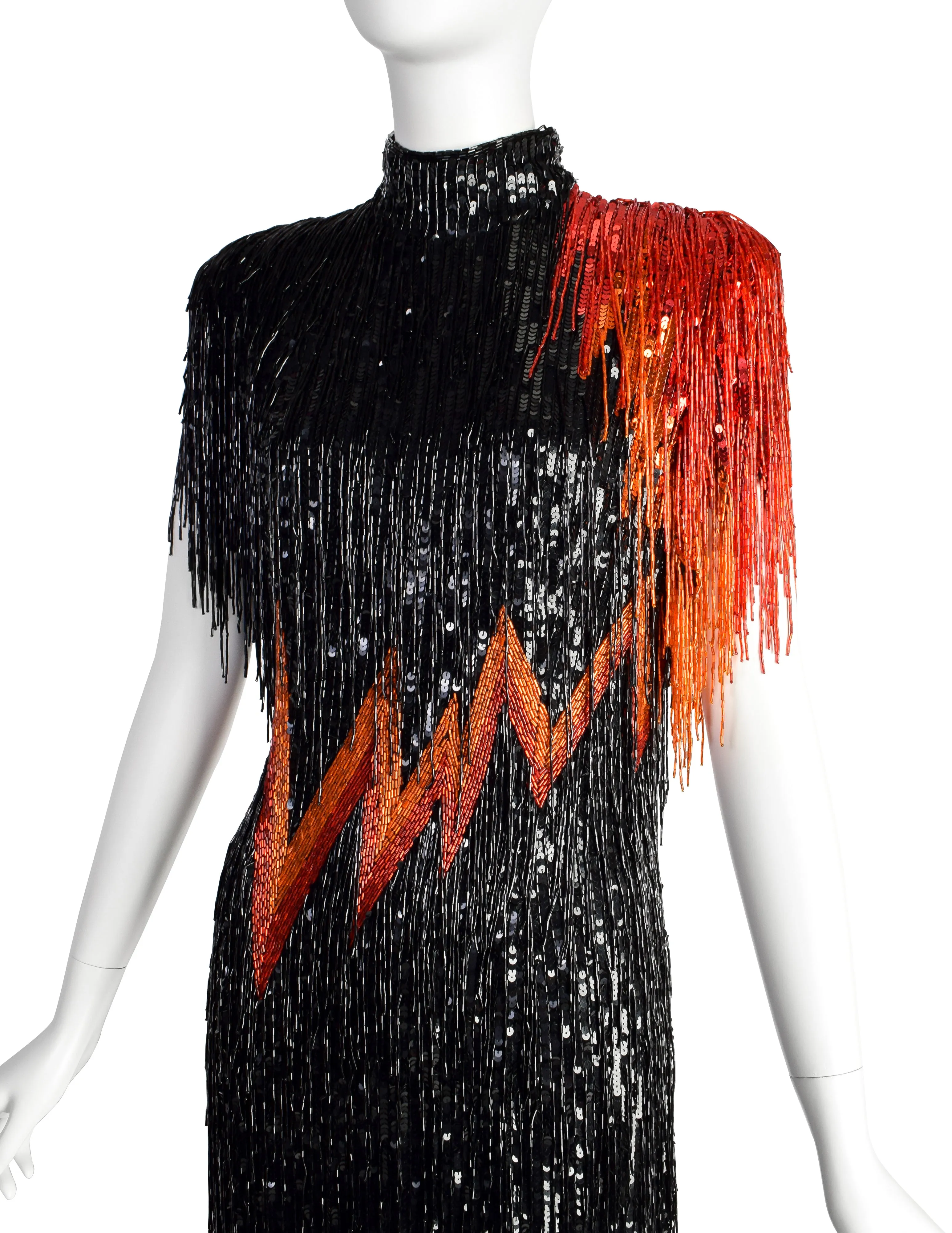 Bob Mackie Vintage SS1989 Runway Black Orange Red Sequin Beaded Fringe 'FLAME' Dress