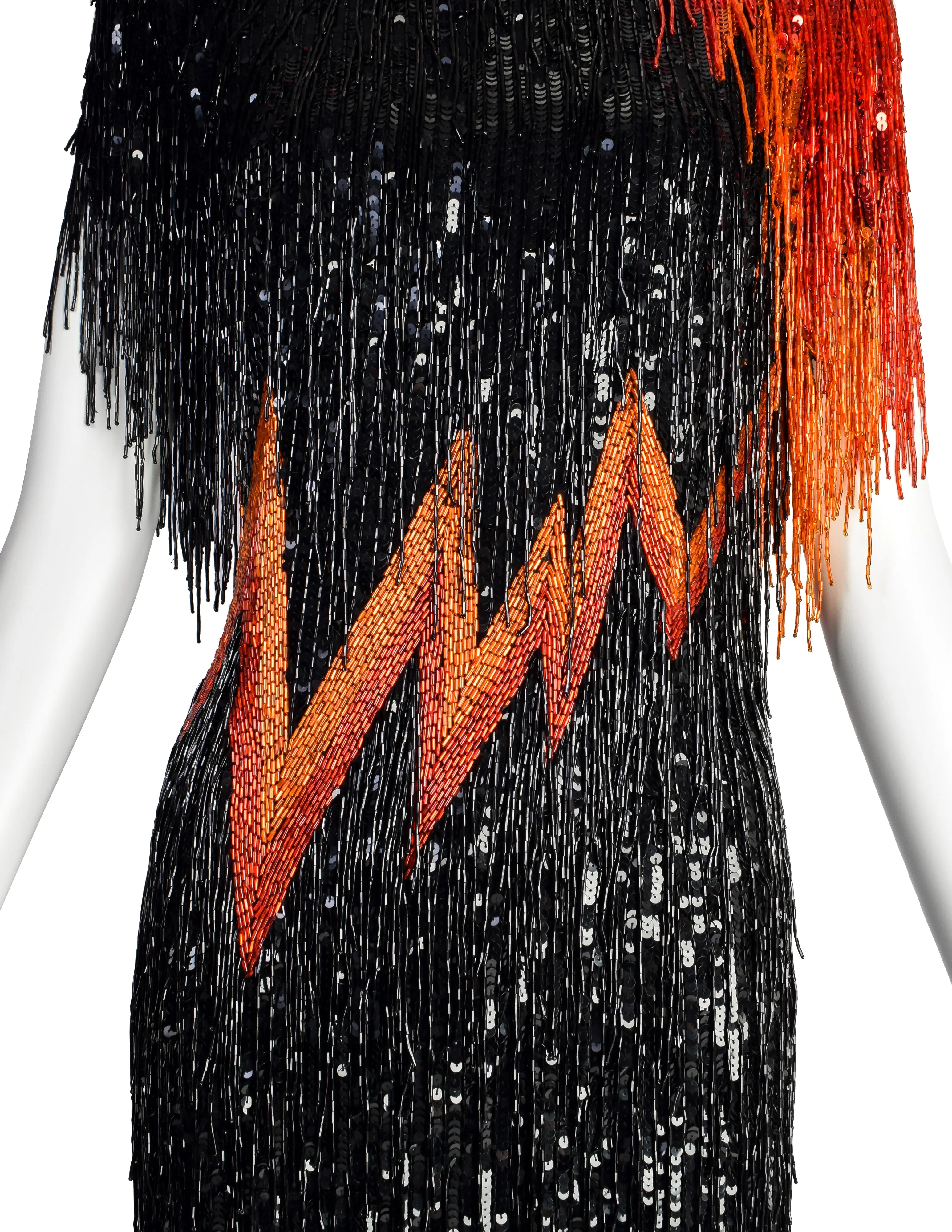 Bob Mackie Vintage SS1989 Runway Black Orange Red Sequin Beaded Fringe 'FLAME' Dress