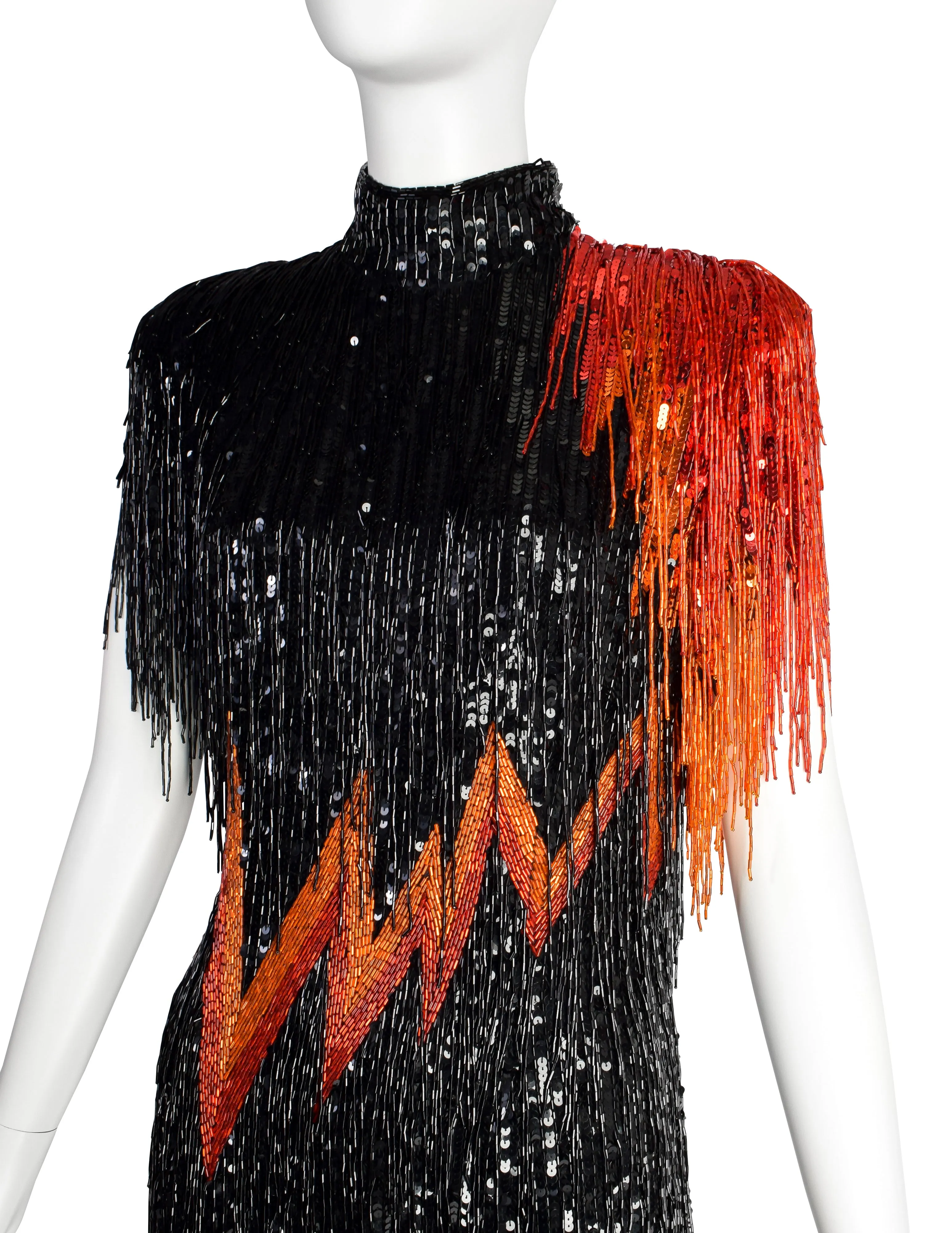 Bob Mackie Vintage SS1989 Runway Black Orange Red Sequin Beaded Fringe 'FLAME' Dress