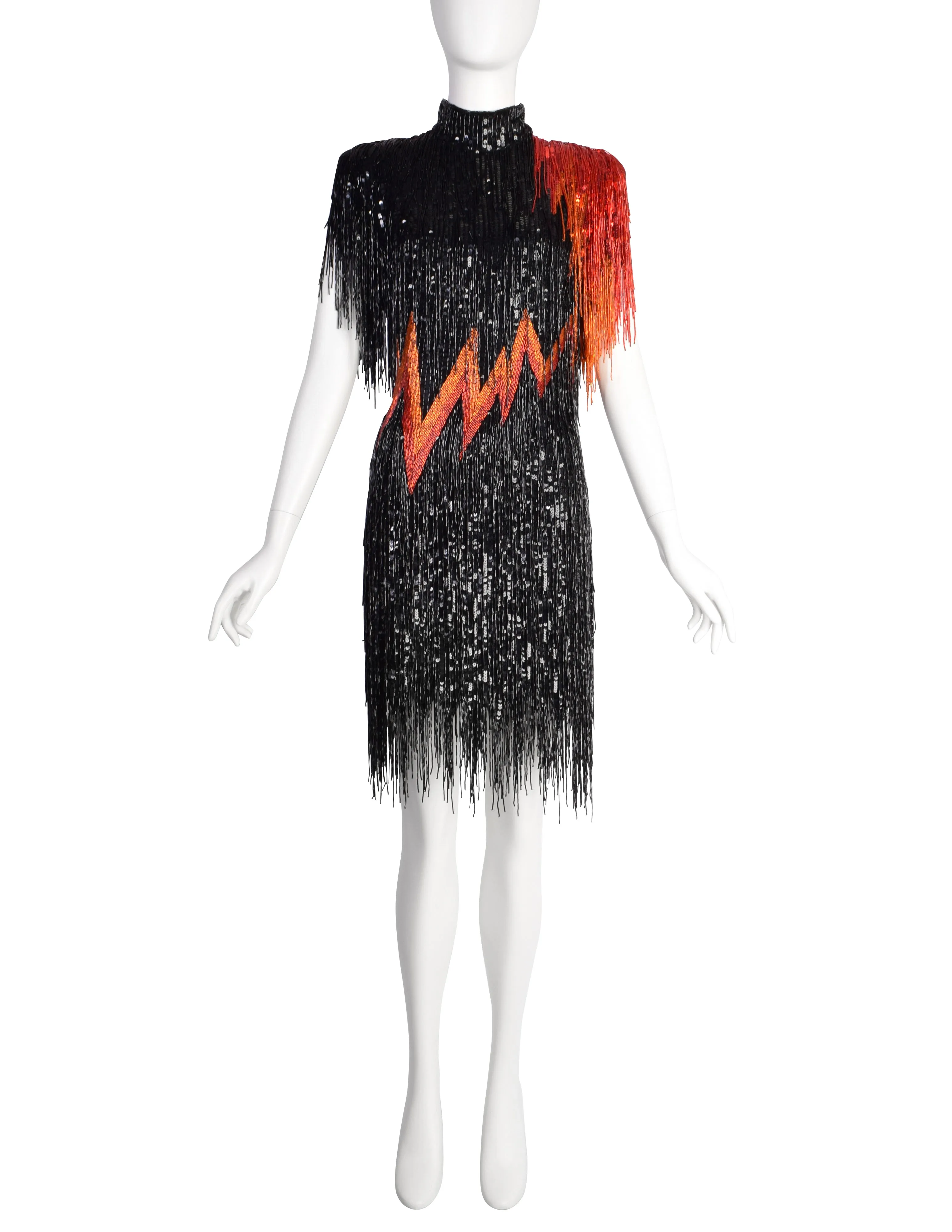 Bob Mackie Vintage SS1989 Runway Black Orange Red Sequin Beaded Fringe 'FLAME' Dress