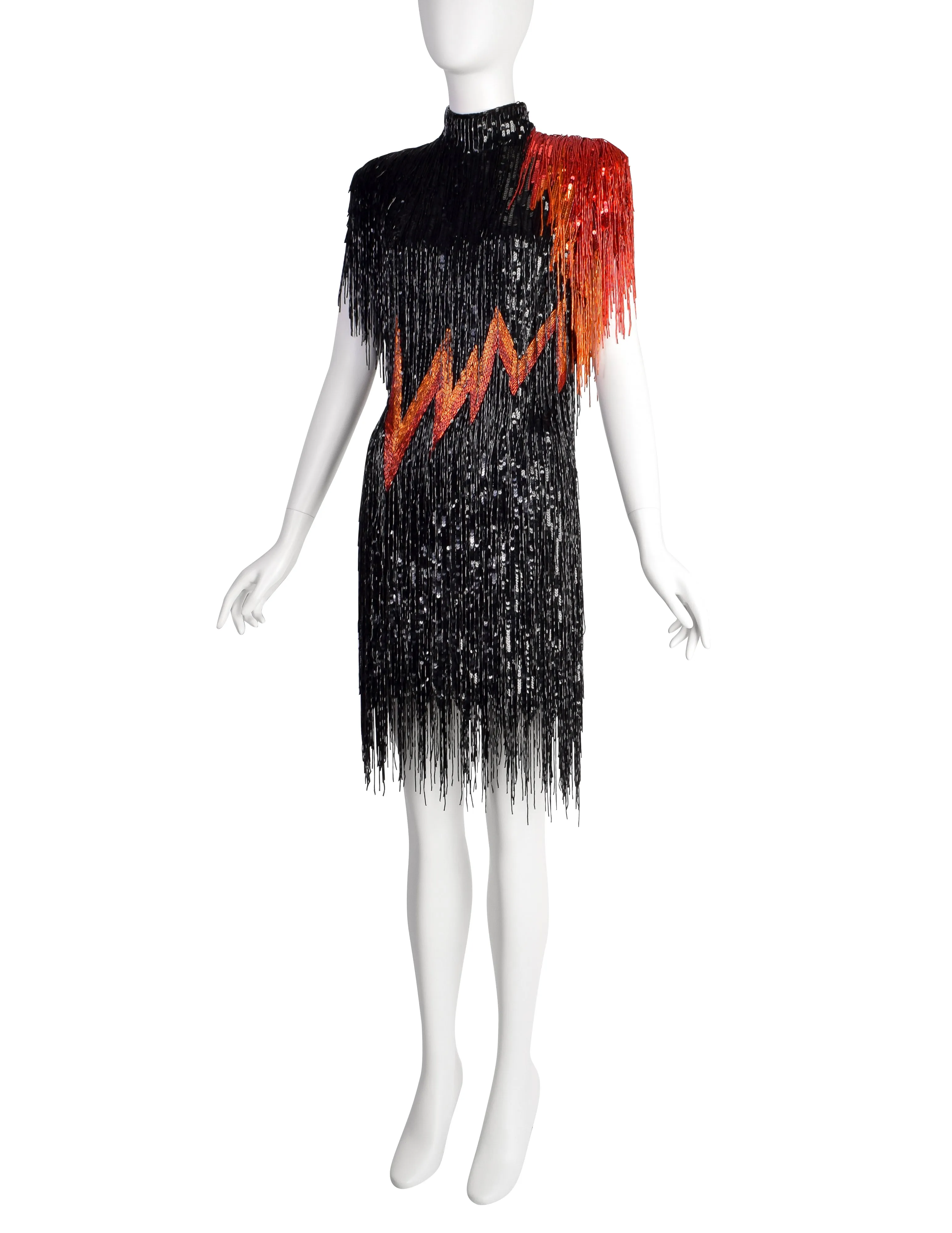 Bob Mackie Vintage SS1989 Runway Black Orange Red Sequin Beaded Fringe 'FLAME' Dress