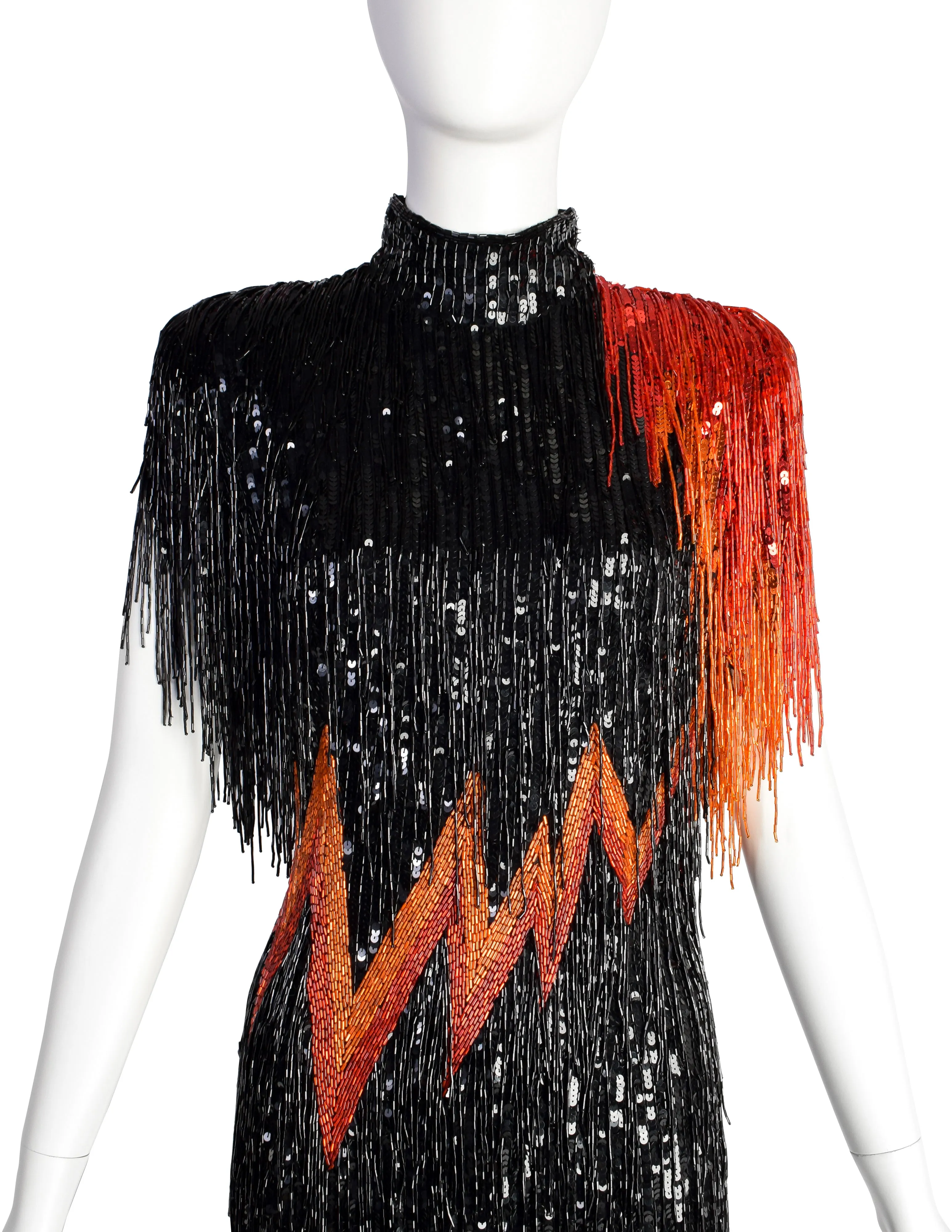 Bob Mackie Vintage SS1989 Runway Black Orange Red Sequin Beaded Fringe 'FLAME' Dress