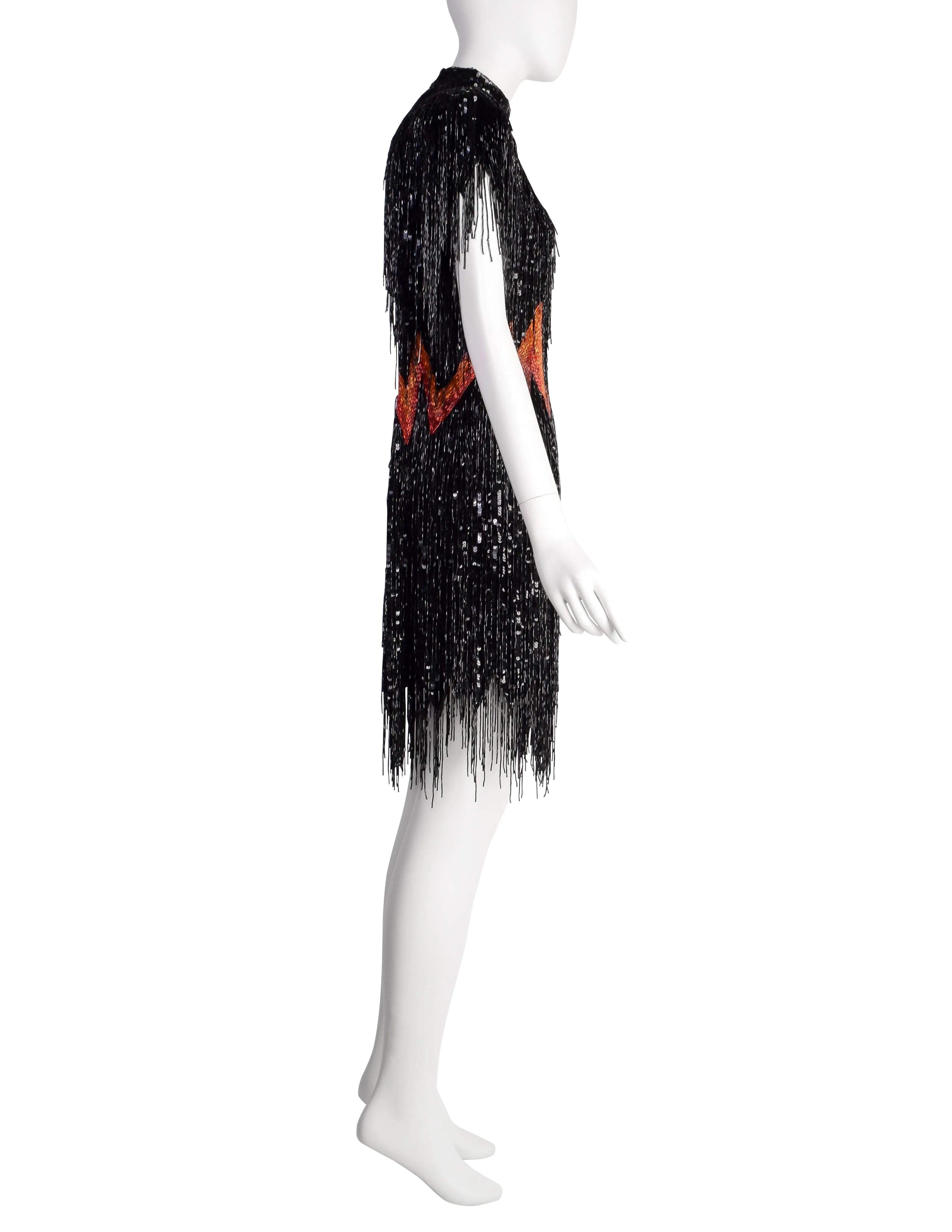 Bob Mackie Vintage SS1989 Runway Black Orange Red Sequin Beaded Fringe 'FLAME' Dress