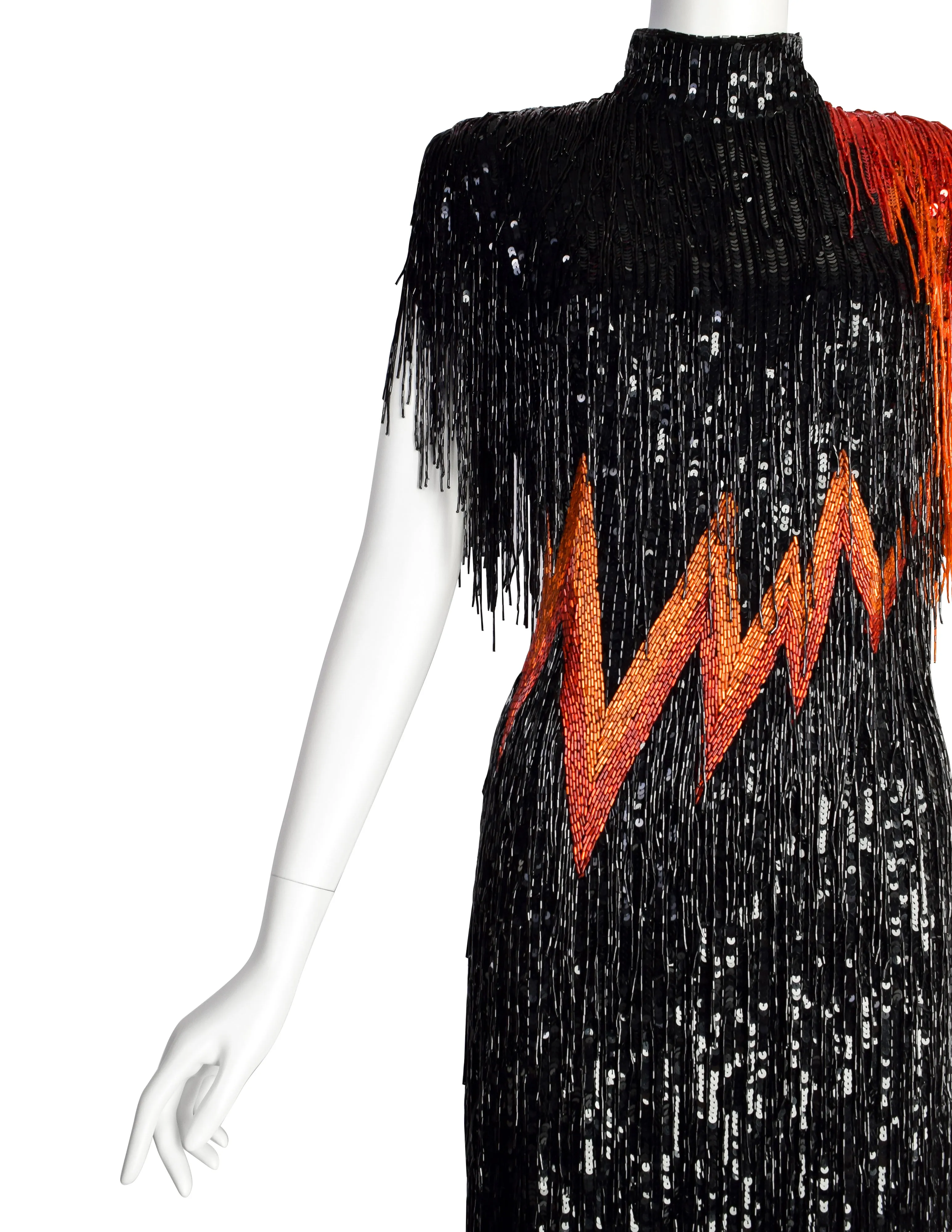 Bob Mackie Vintage SS1989 Runway Black Orange Red Sequin Beaded Fringe 'FLAME' Dress