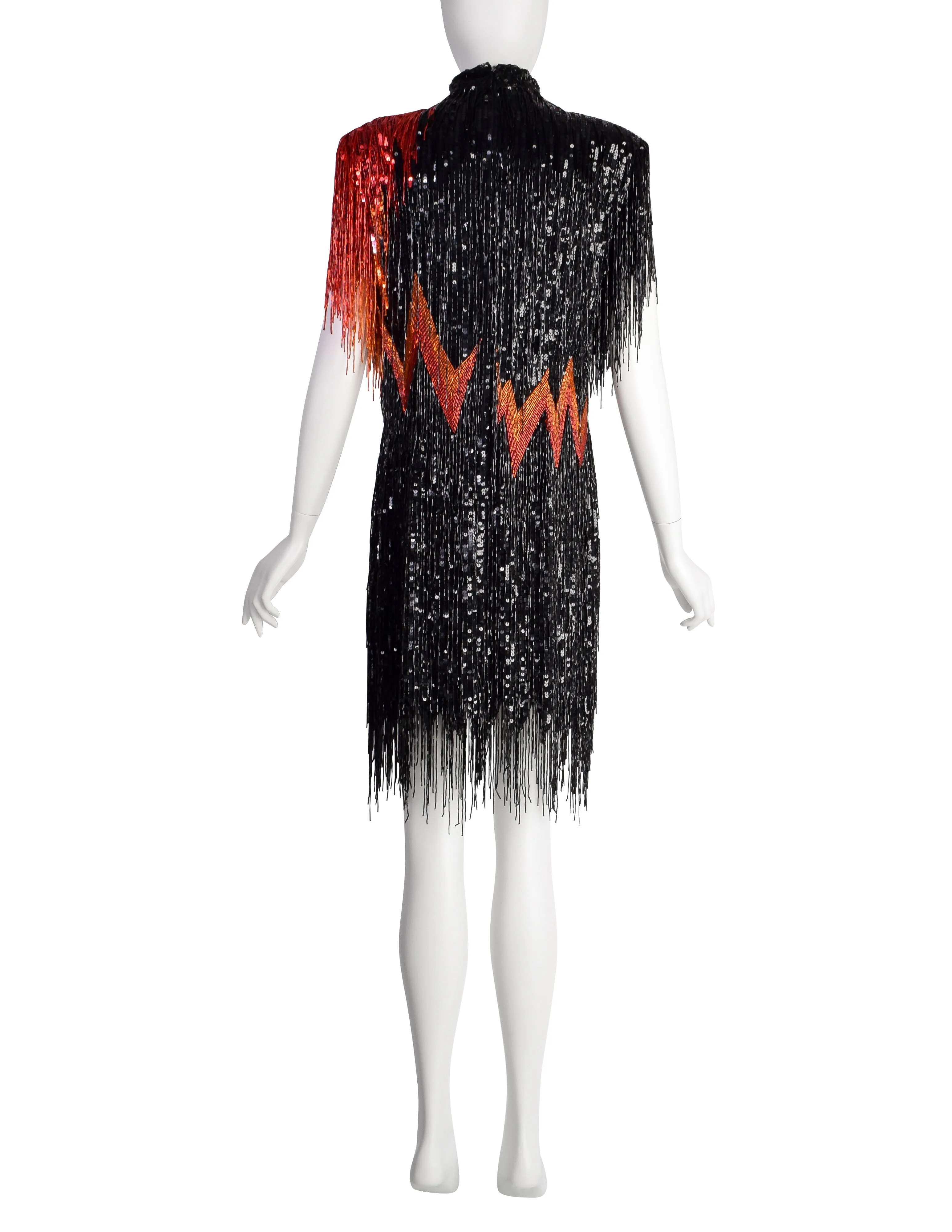 Bob Mackie Vintage SS1989 Runway Black Orange Red Sequin Beaded Fringe 'FLAME' Dress