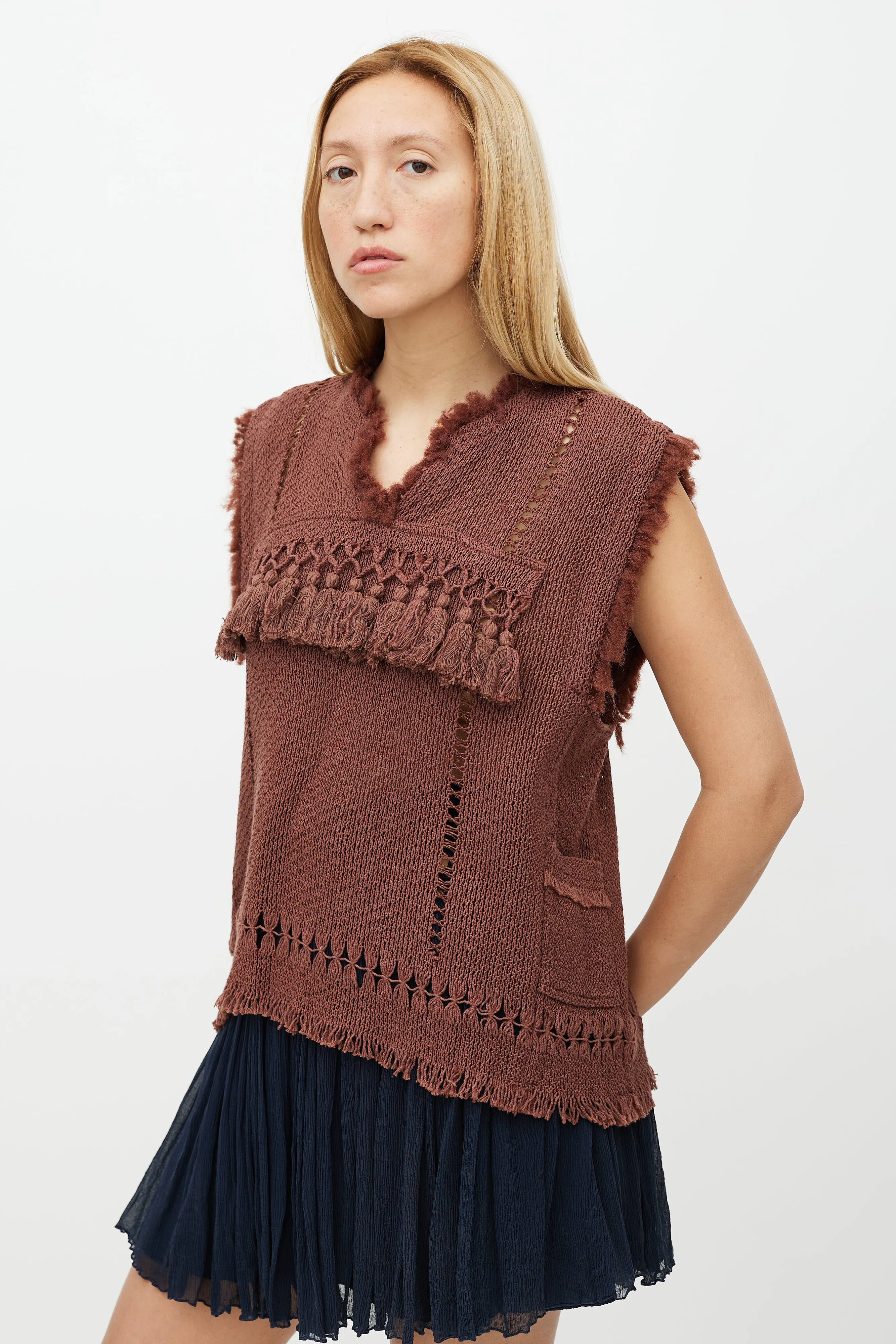 Brown Knit Tassel Vest