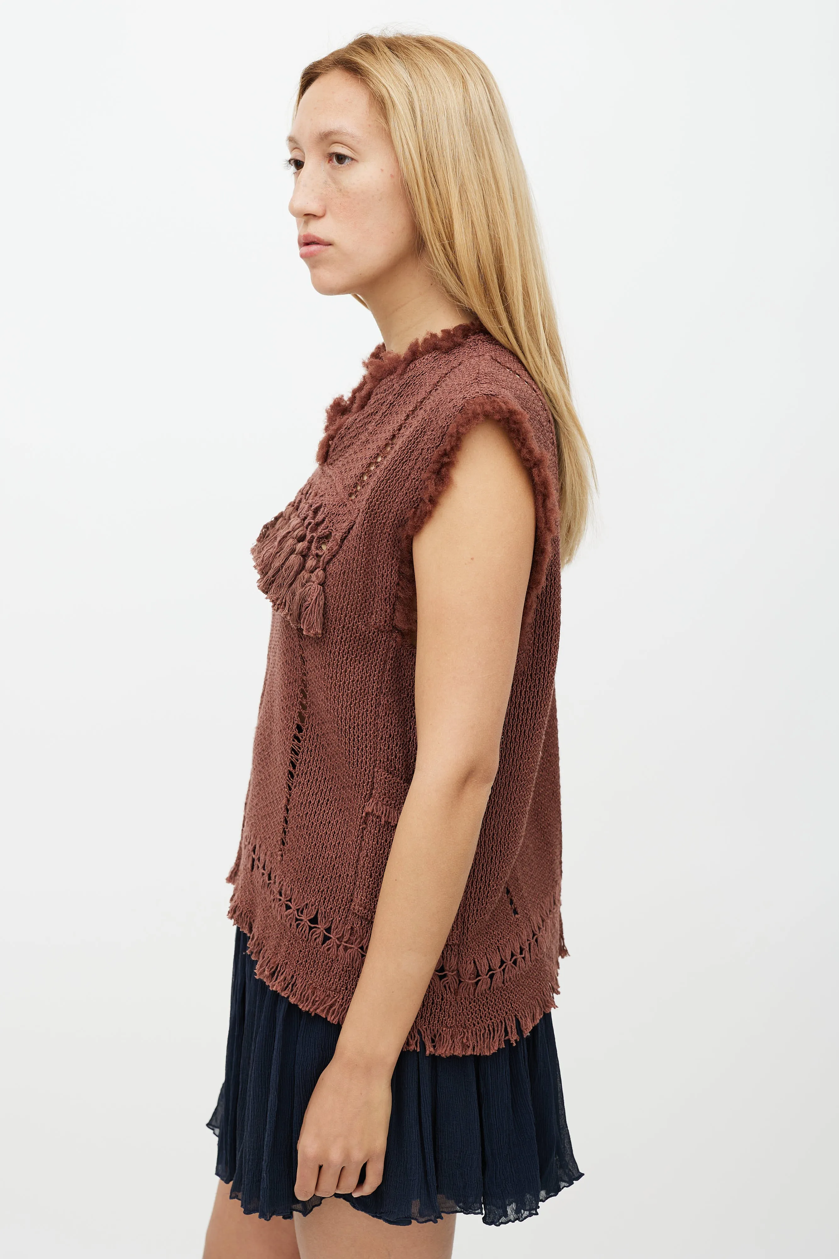 Brown Knit Tassel Vest