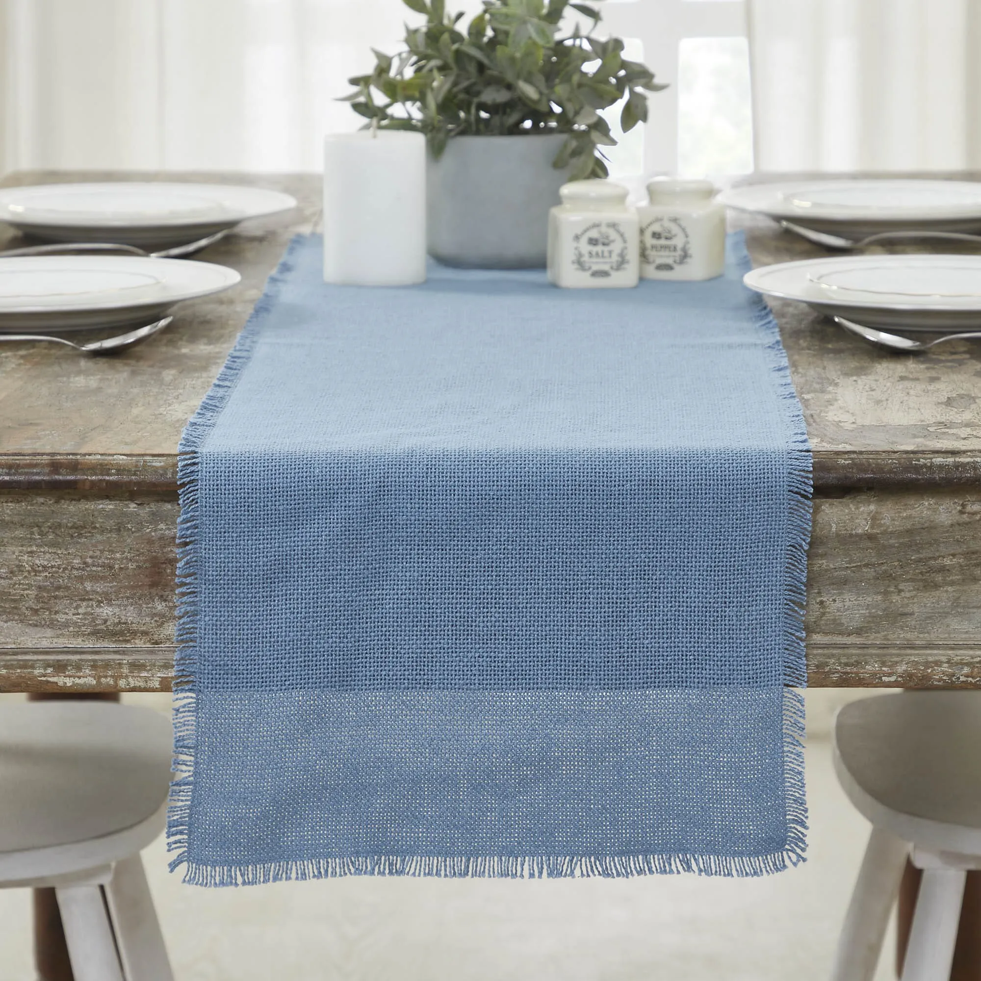 Burlap Blue Fringed Runner 12x48"