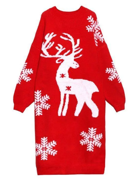 Christmas Elk Snowflake Sweater Dress