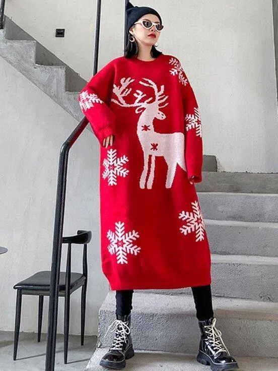 Christmas Elk Snowflake Sweater Dress