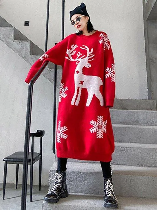 Christmas Elk Snowflake Sweater Dress