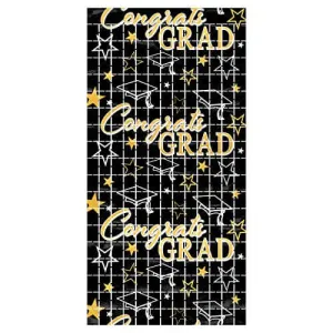 Congrats Grad Metallic Plastic Square Fringed Photo Backdrop Curtain (78"x38.25")