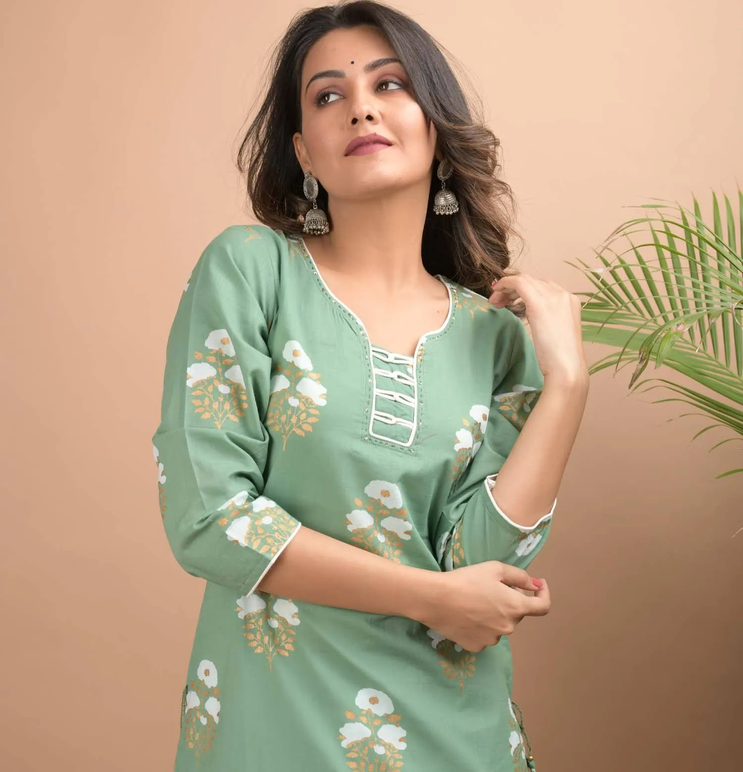 Cotton Light Green Floral Print Kurta