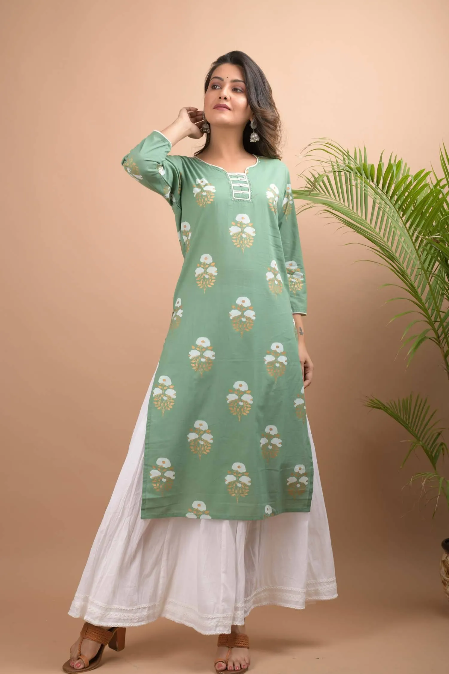 Cotton Light Green Floral Print Kurta