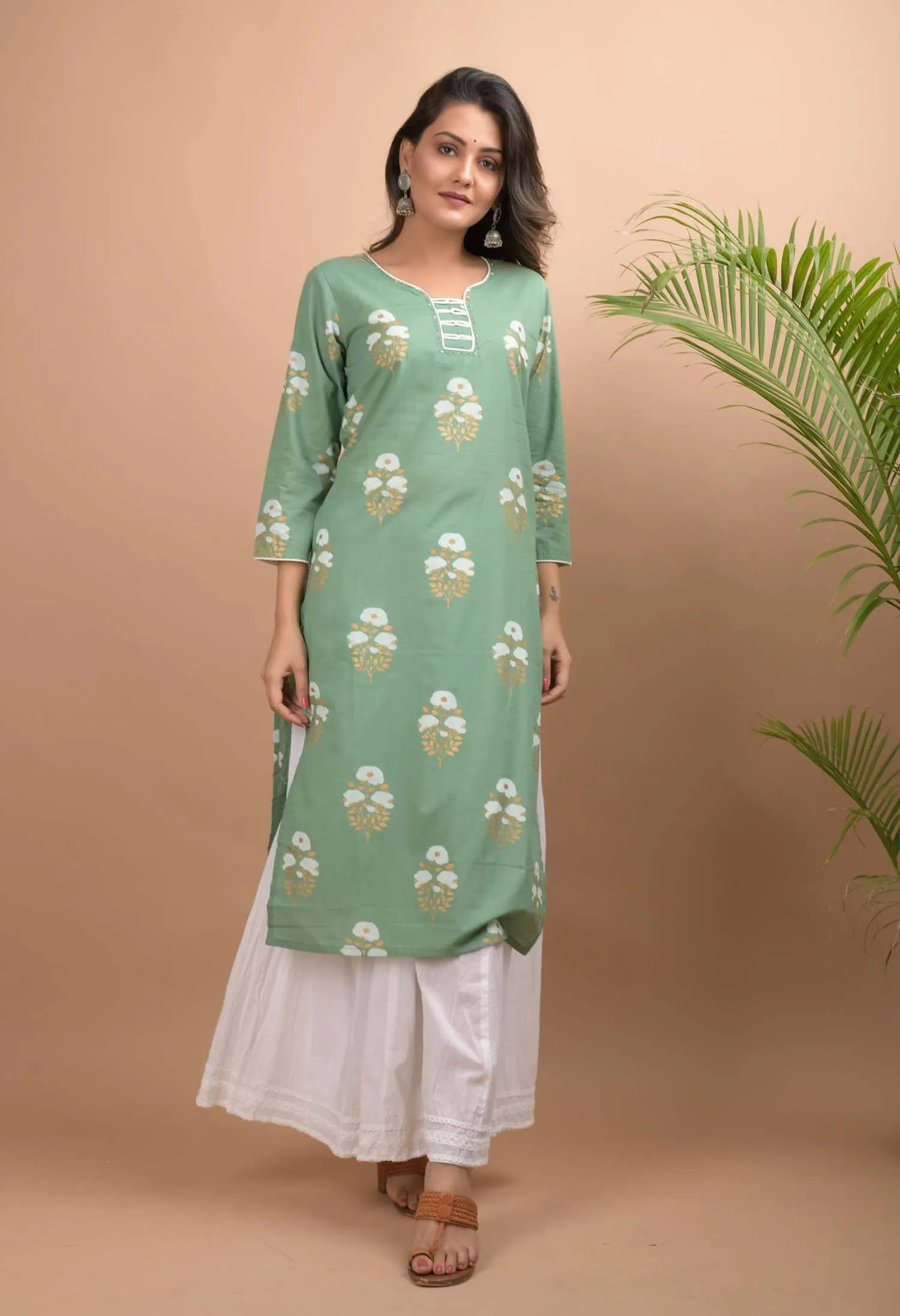 Cotton Light Green Floral Print Kurta