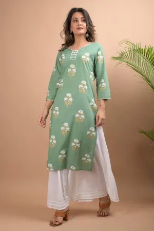 Cotton Light Green Floral Print Kurta