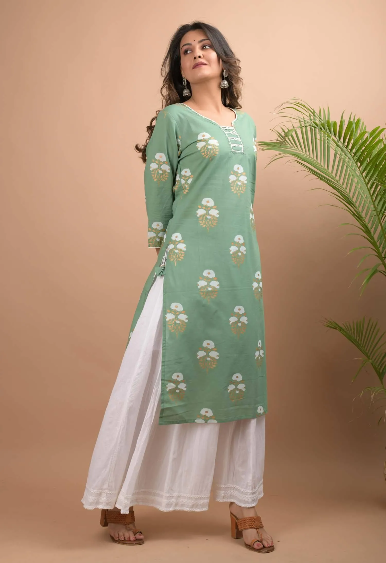 Cotton Light Green Floral Print Kurta