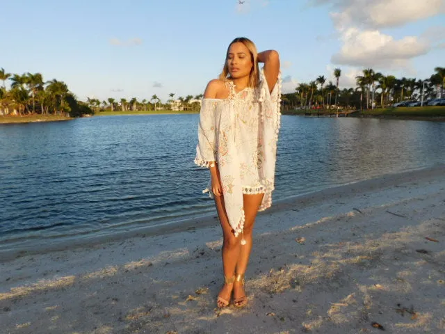 Cotton white boho short kaftan