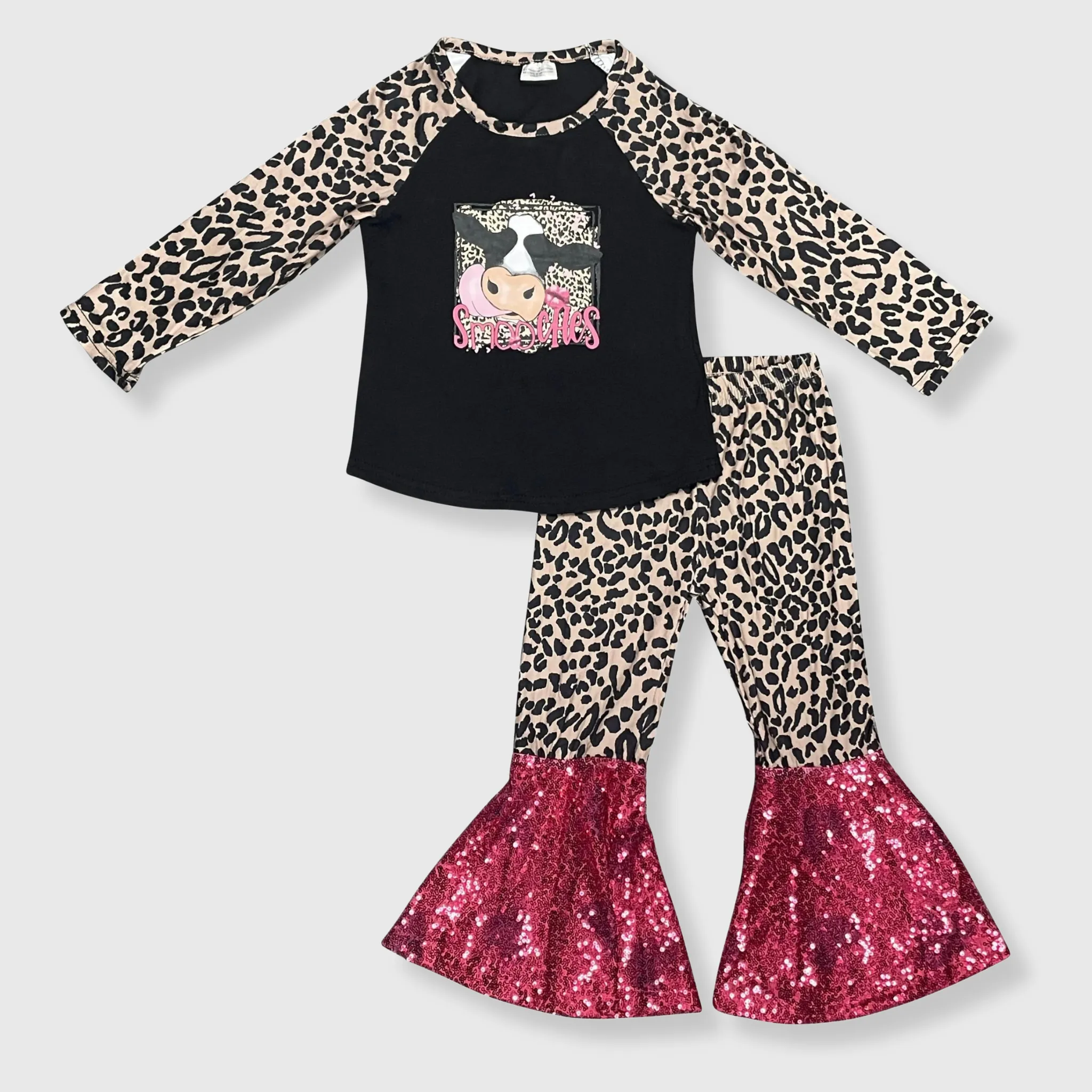 Cow 'Smooches' Black Cheetah Sequin Outfit Kids