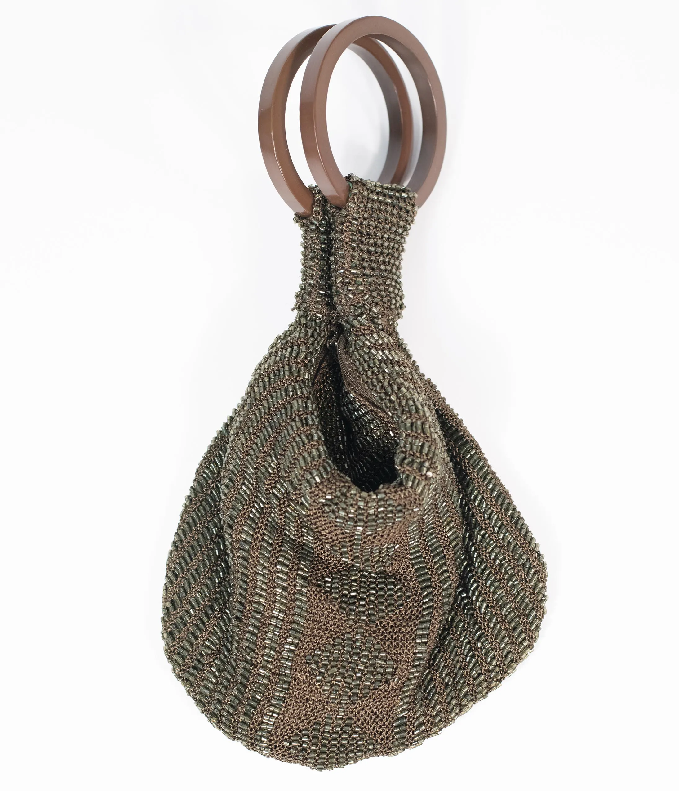 Deco Style Dark Olive Beaded Satchel Bag