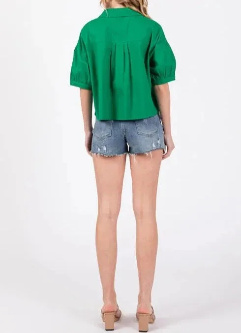 Dorthy Puff Sleeve V-Neck Button Up Cropped Top in Kelly Green