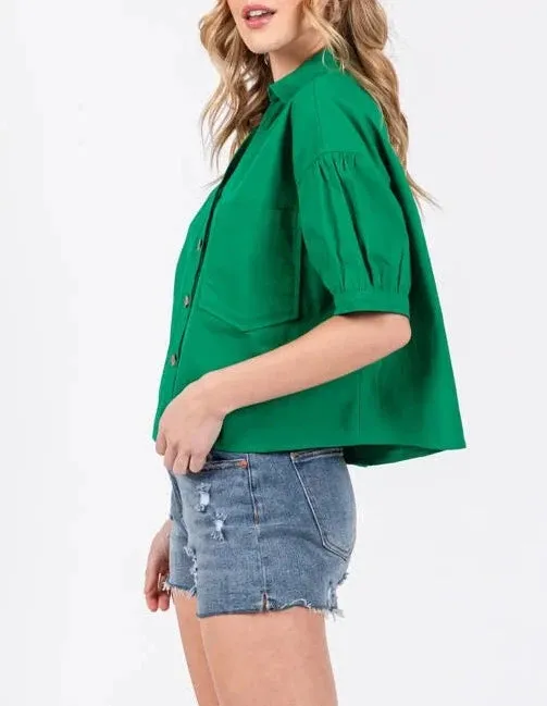 Dorthy Puff Sleeve V-Neck Button Up Cropped Top in Kelly Green