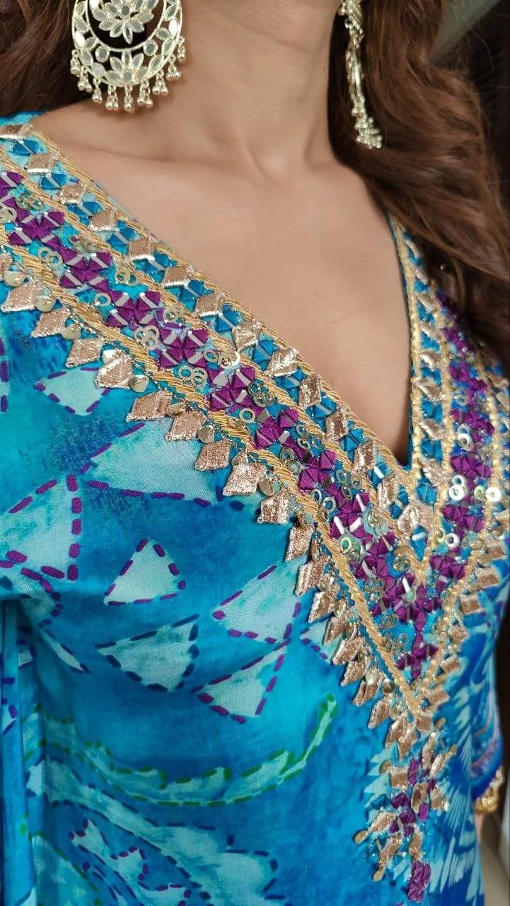 Embroidered Crepe Blue Kaftan Set