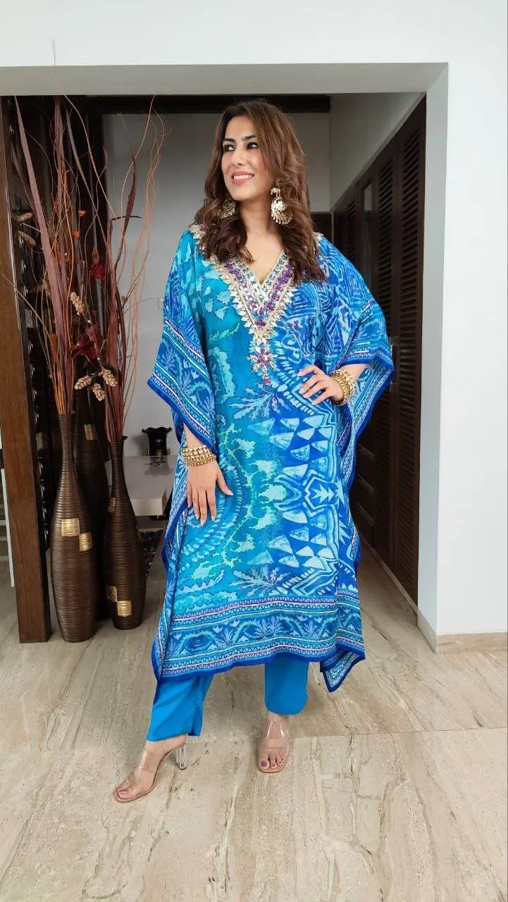 Embroidered Crepe Blue Kaftan Set