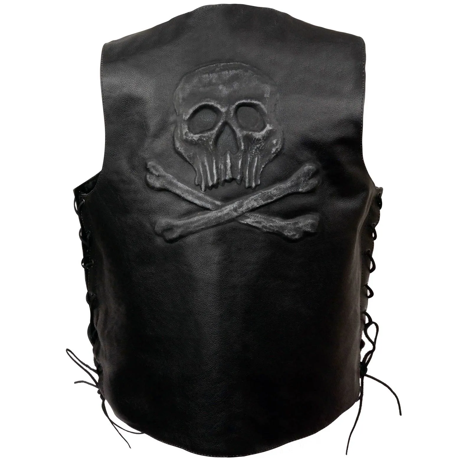 Event Leather ELM3915 Men's Black Side Lace Motorcycle Leather Vest with Skull and Cross Bones Emboss