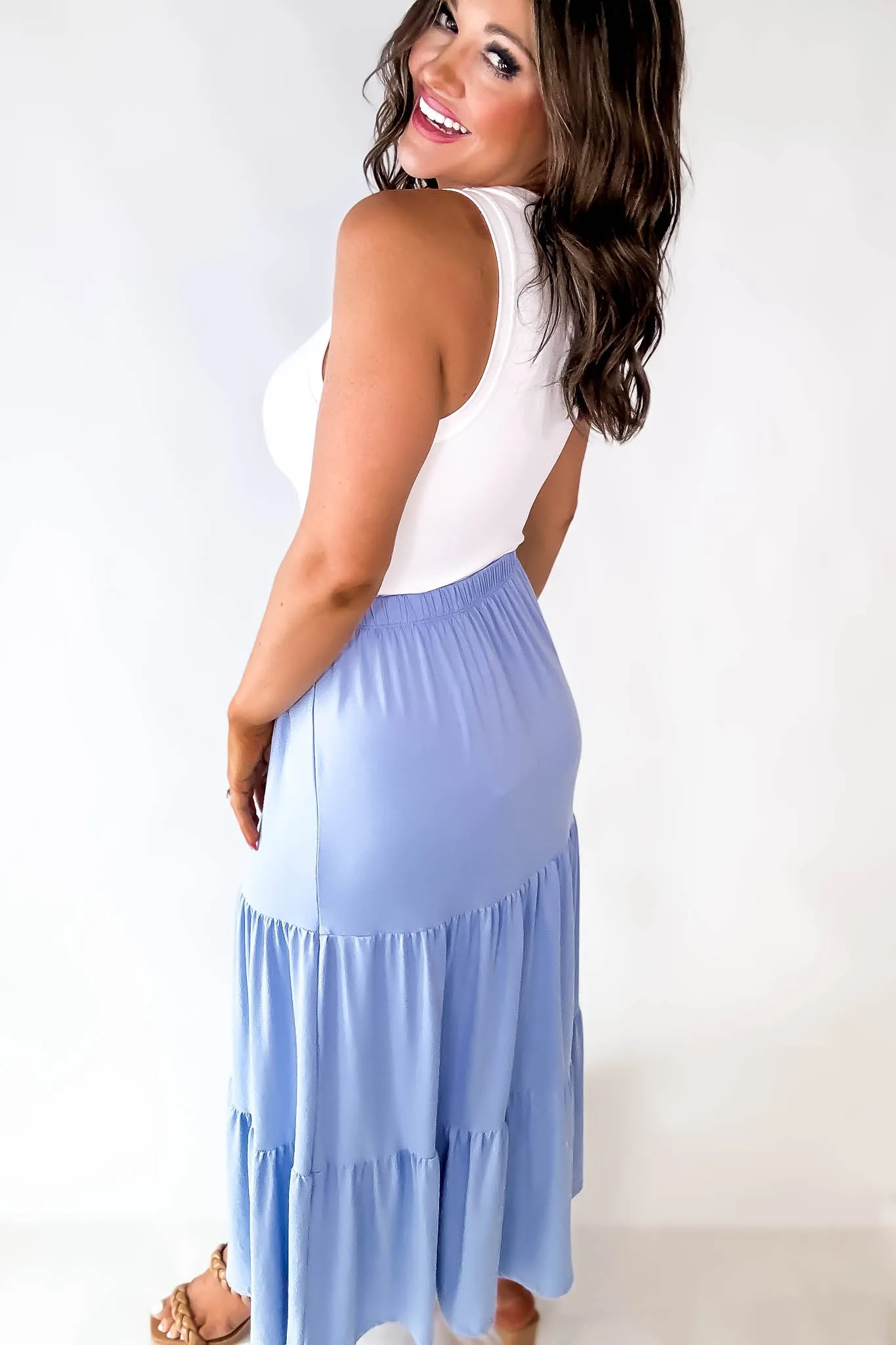 Floating Dreams Hazey Blue Tiered Midi Maxi Skirt