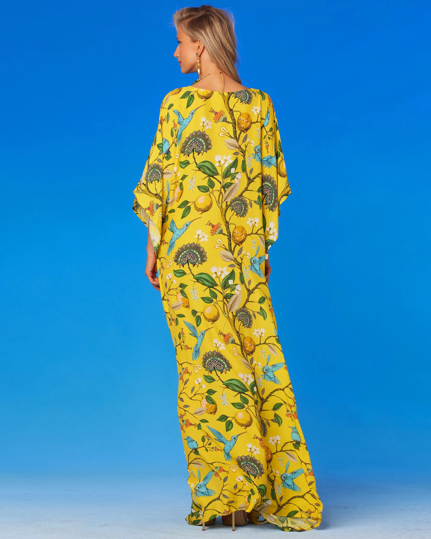 Flora Kaftan in Yellow Hummingbird Print