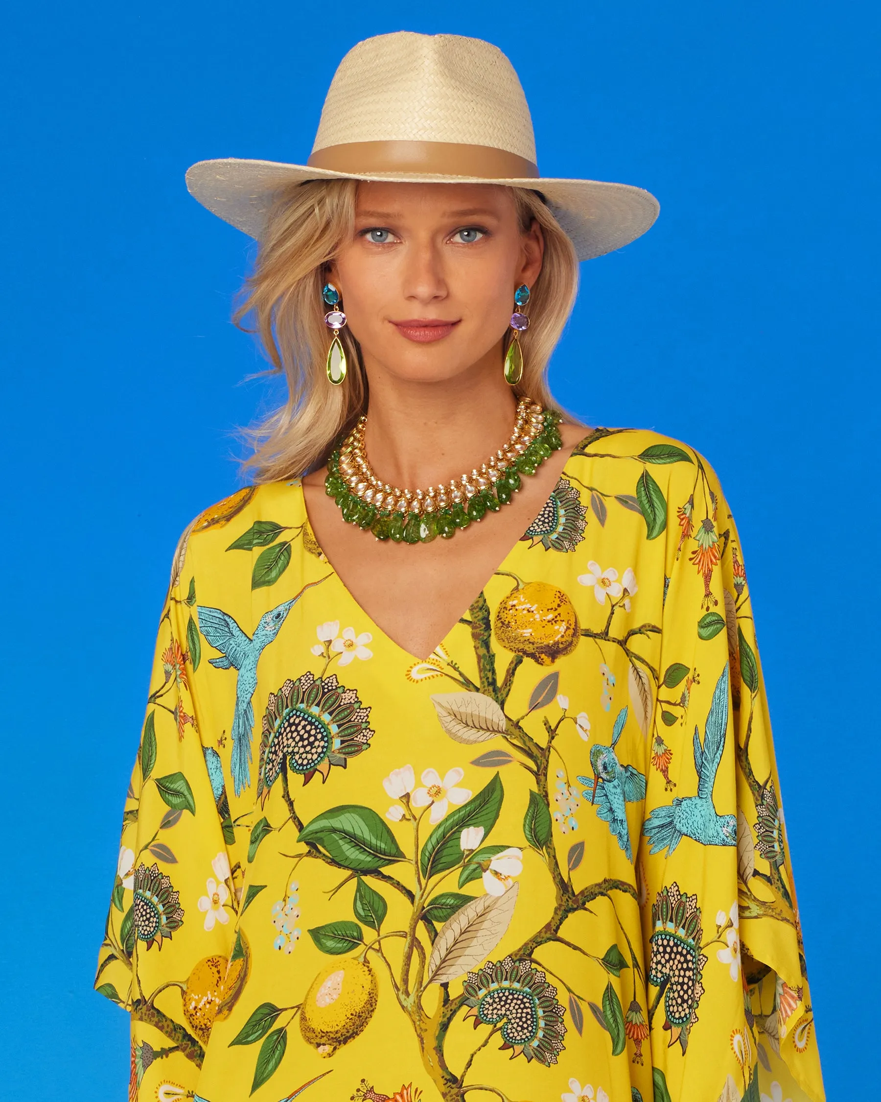 Flora Kaftan in Yellow Hummingbird Print