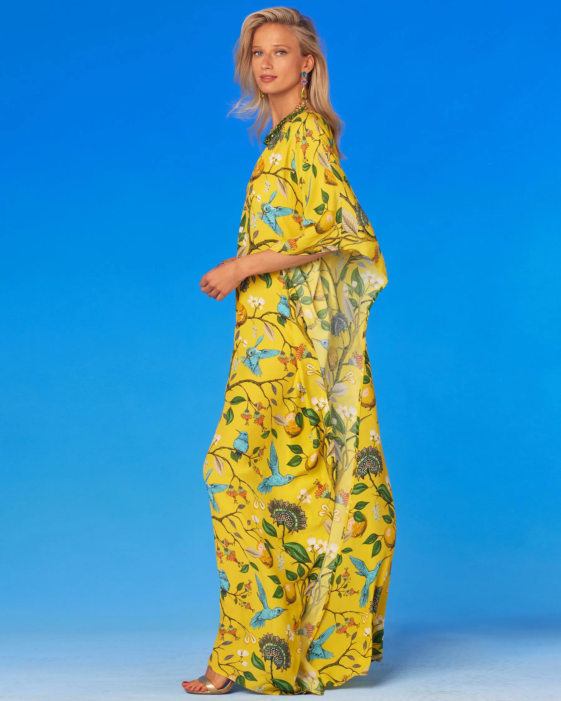 Flora Kaftan in Yellow Hummingbird Print